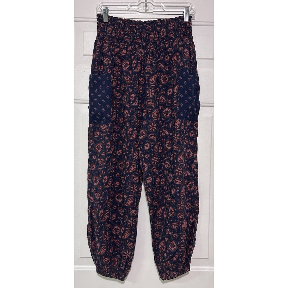 Earthy Floral Aerie Women Small Coral Blue Viscose Smocked Waist Jogger Pants